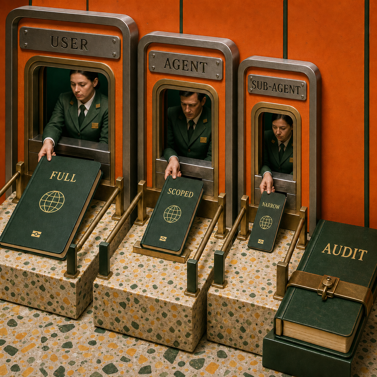 A physical authorization route narrowing authority from user to agent to sub-agent before writing an audit record