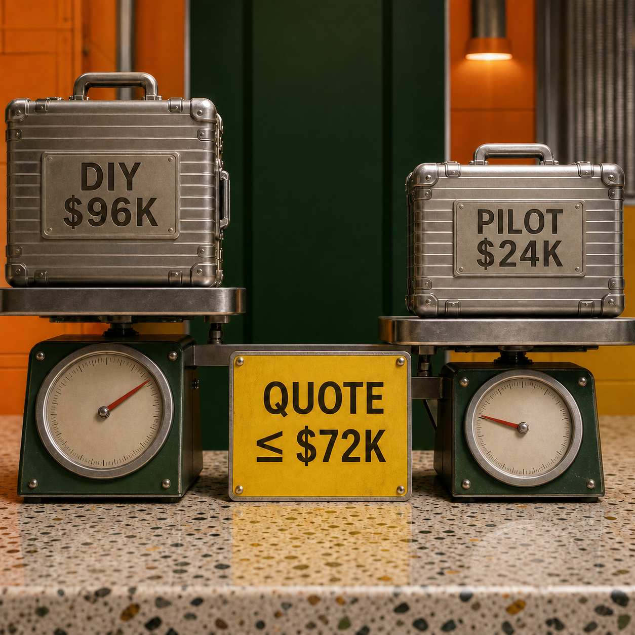 A cost comparison between a 96000 dollar DIY build and a 24000 dollar vendor pilot with a 72000 dollar quote threshold