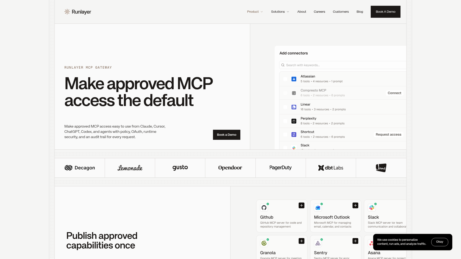 Runlayer MCP Gateway product page showing governed access for AI clients and agents