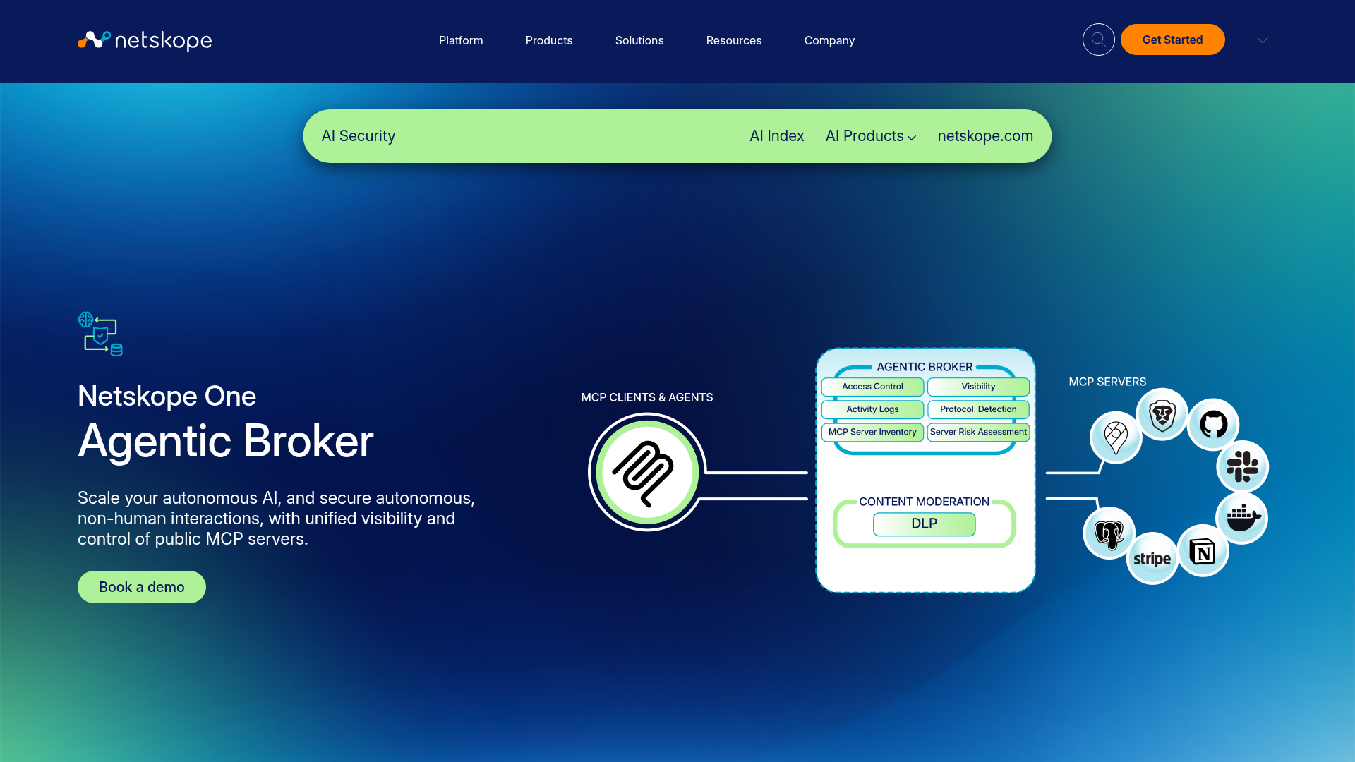 Netskope One Agentic Broker product page showing MCP visibility, risk scoring, DLP, and audit