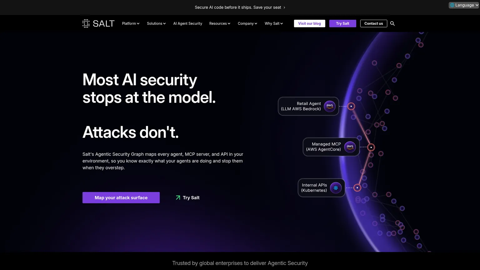 صفحة Salt Agentic Security Platform التي تعرض الوكلاء وخوادم MCP وواجهات API في رسم أمني واحد