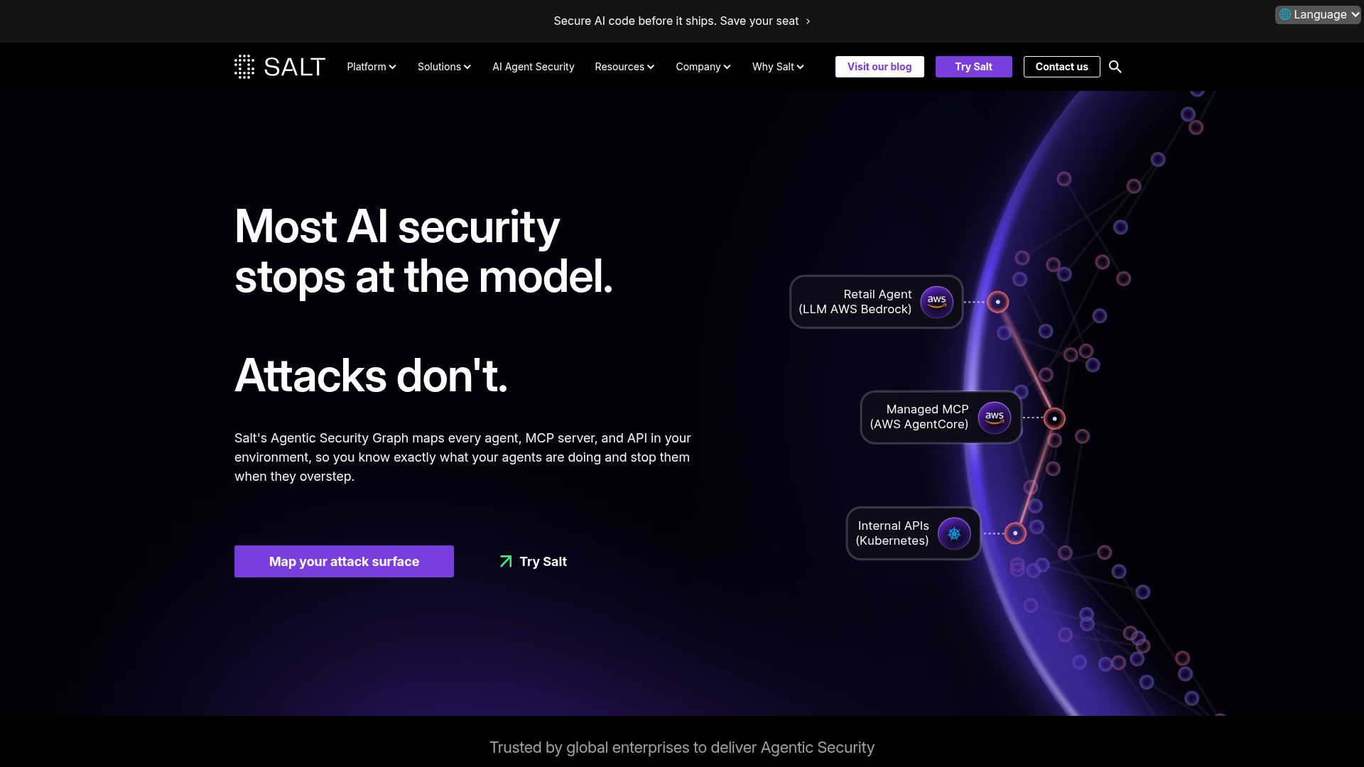 Salt Agentic Security Platform page showing agents, MCP servers, and APIs in one security graph