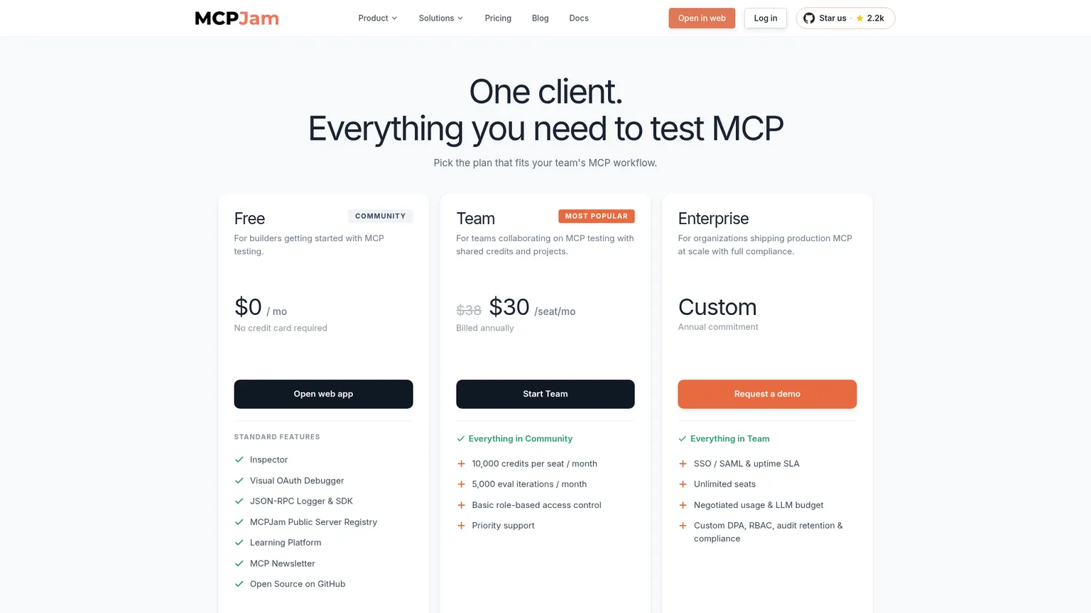 صفحة تسعير MCPJam التي تعرض خطط اختبار MCP: Free وTeam وEnterprise