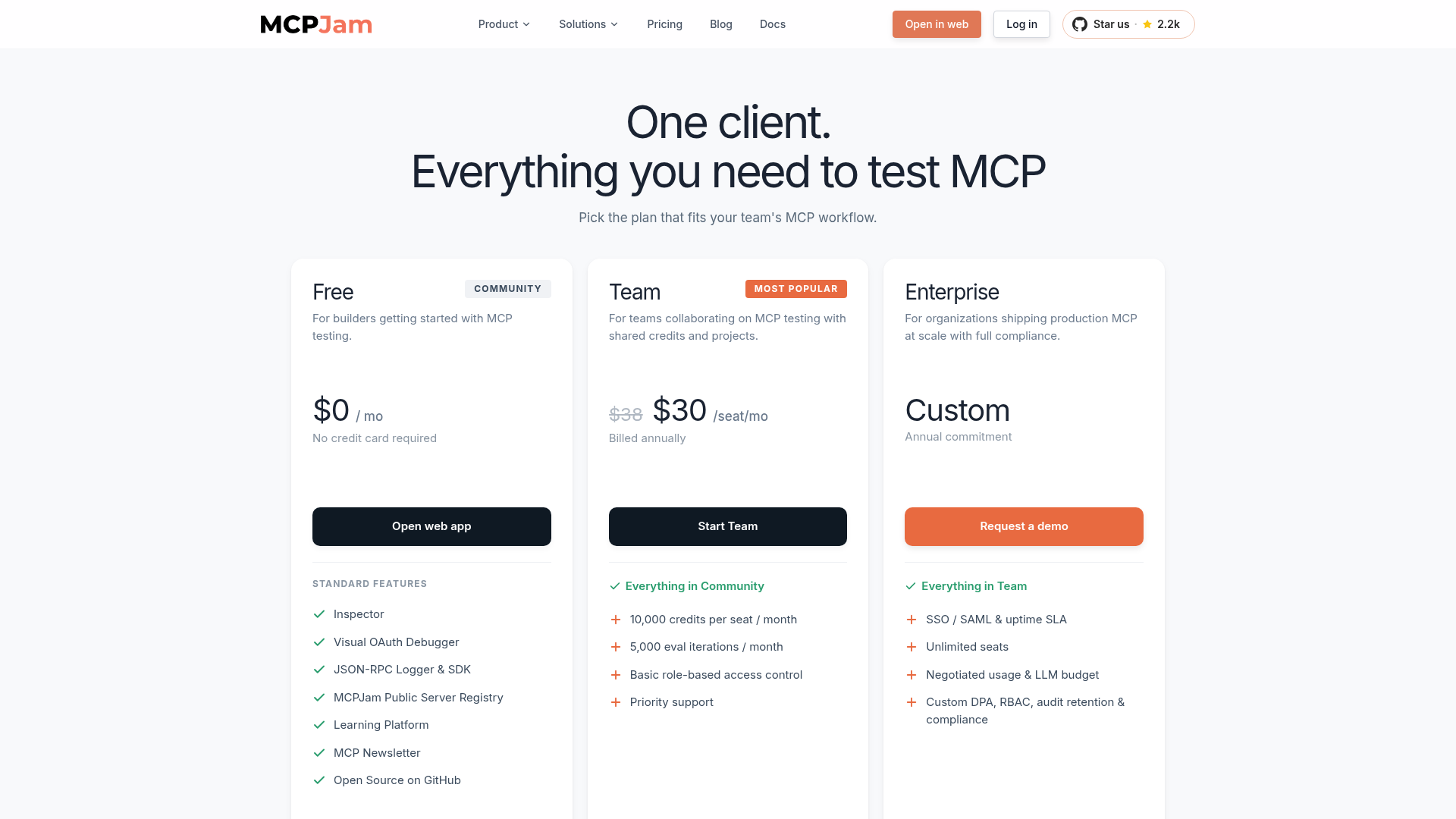 MCPJam pricing page showing Free, Team, and Enterprise MCP testing plans