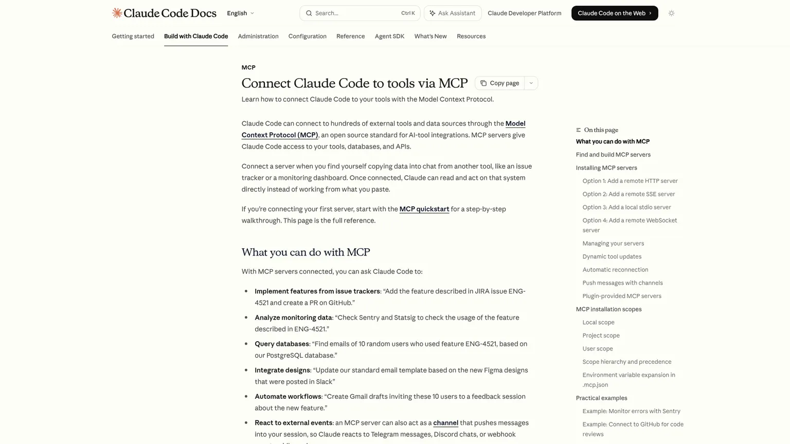 Página de documentación de MCP en Claude Code