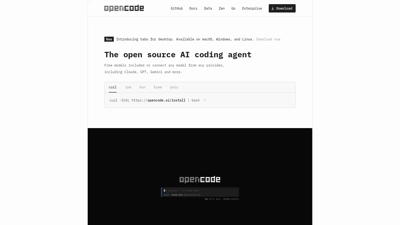 OpenCode 코딩 에이전트 홈페이지와 인터페이스
