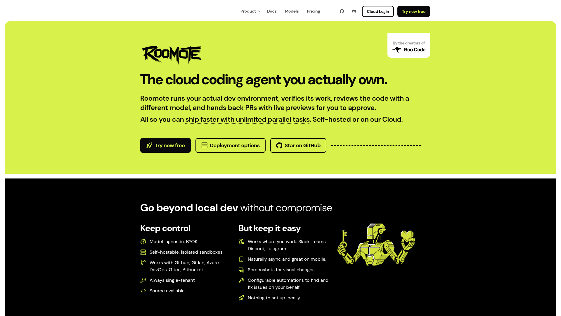 Roomote self-hosted cloud coding agent homepage