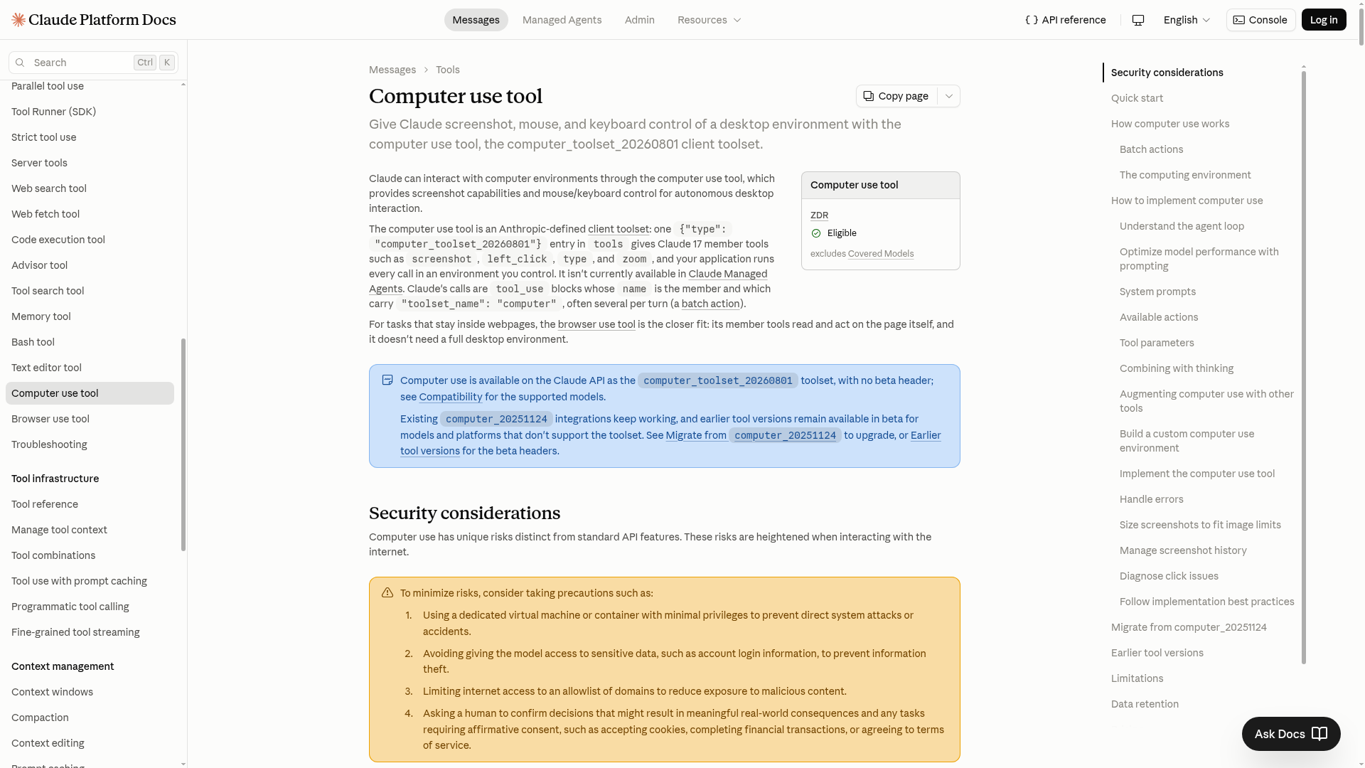 Claude Platform documentation for the current computer use toolset
