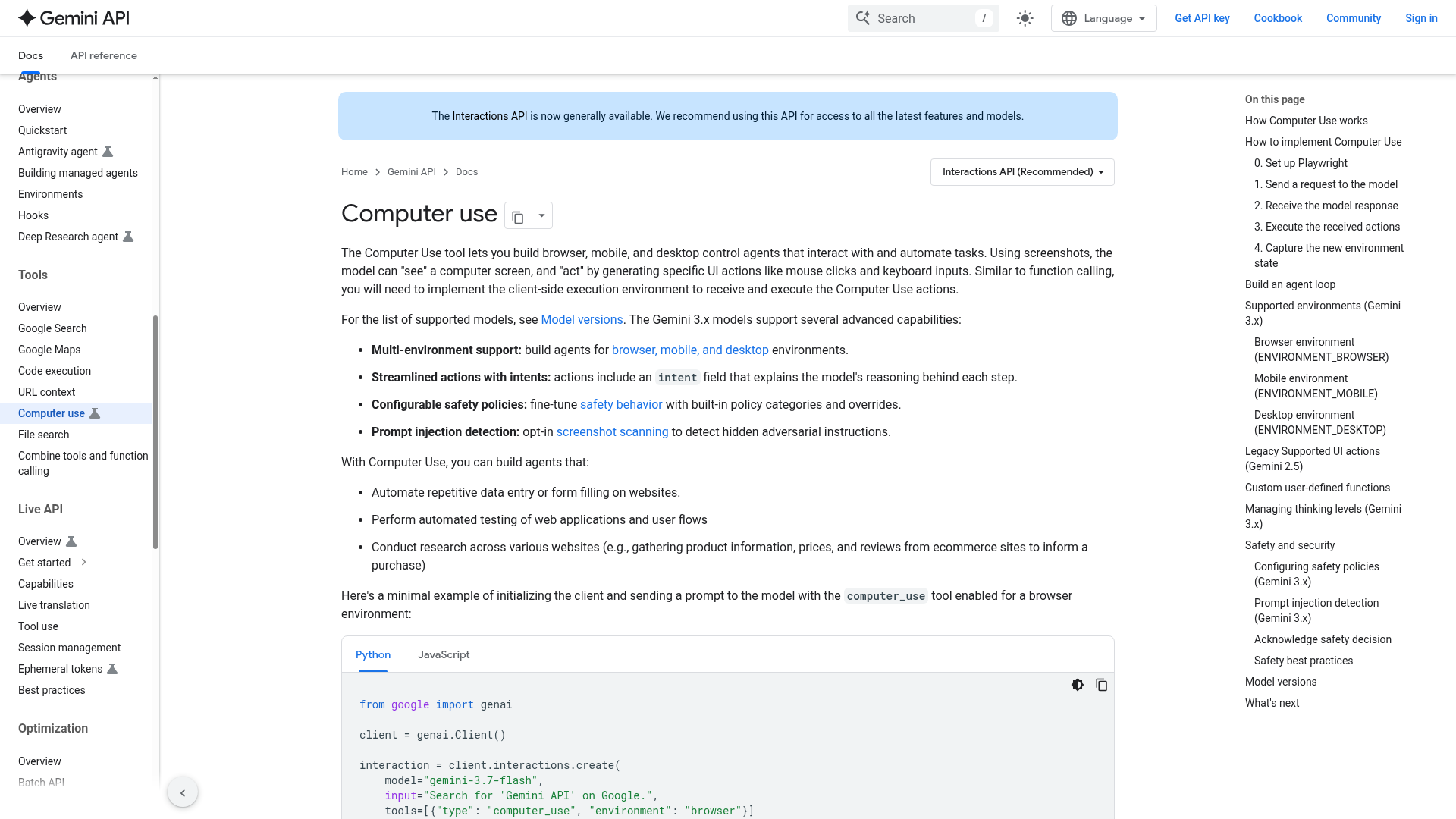 Google Gemini API documentation for browser, mobile, and desktop computer use