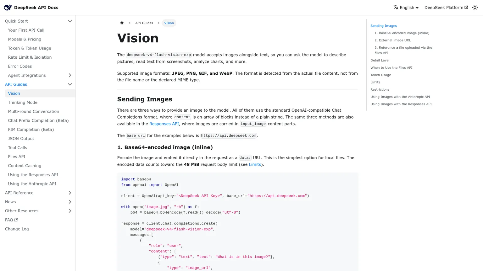 Документация API DeepSeek V4 Flash Vision Exp с форматами и ограничениями изображений