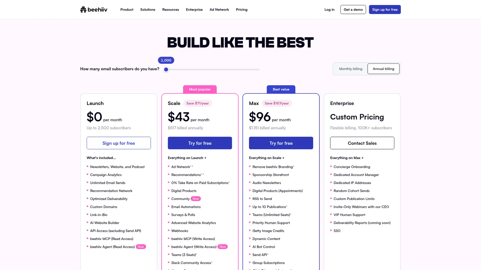 Pagina prezzi di beehiiv con i piani Launch, Scale e Max e il selettore del pubblico