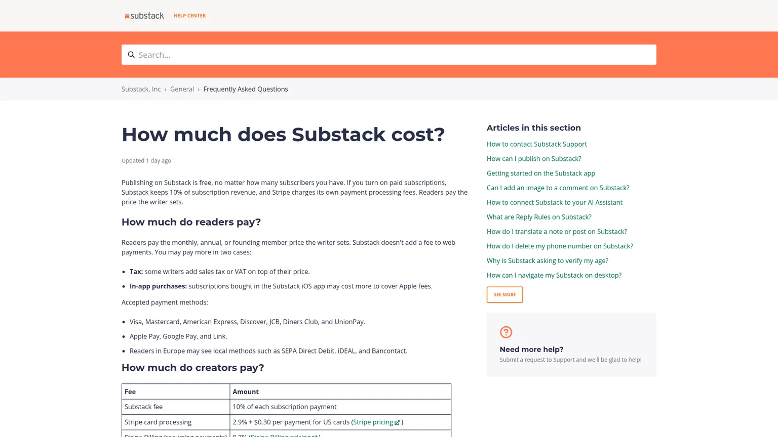 Pagina ufficiale dei costi di Substack con pubblicazione gratuita, quota sui ricavi e commissioni sui pagamenti