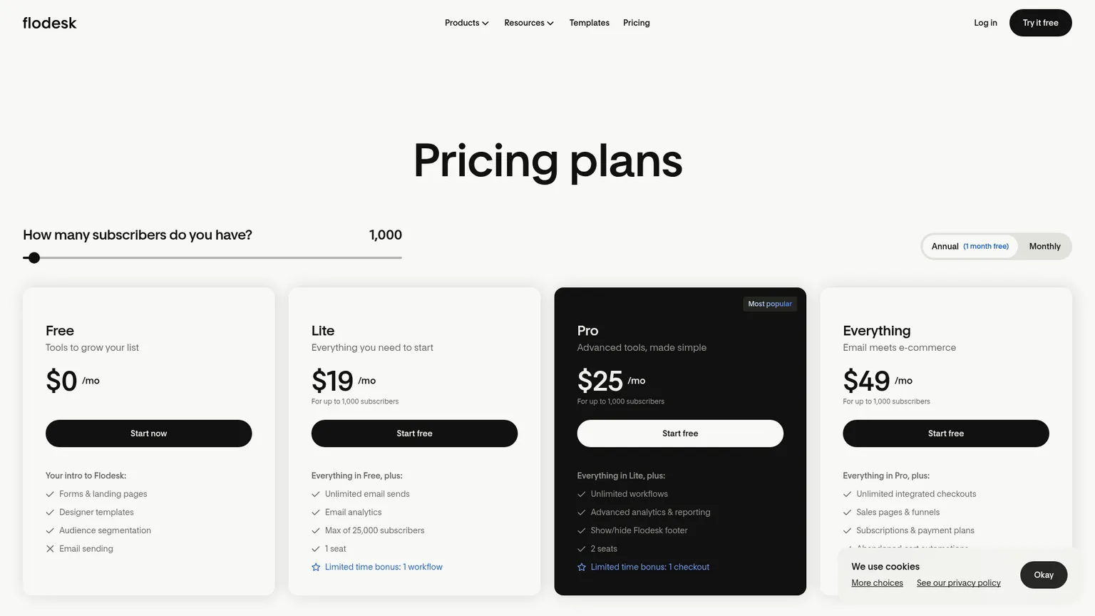 Prezzi attuali di Flodesk basati sugli iscritti con i piani Free, Lite, Pro ed Everything