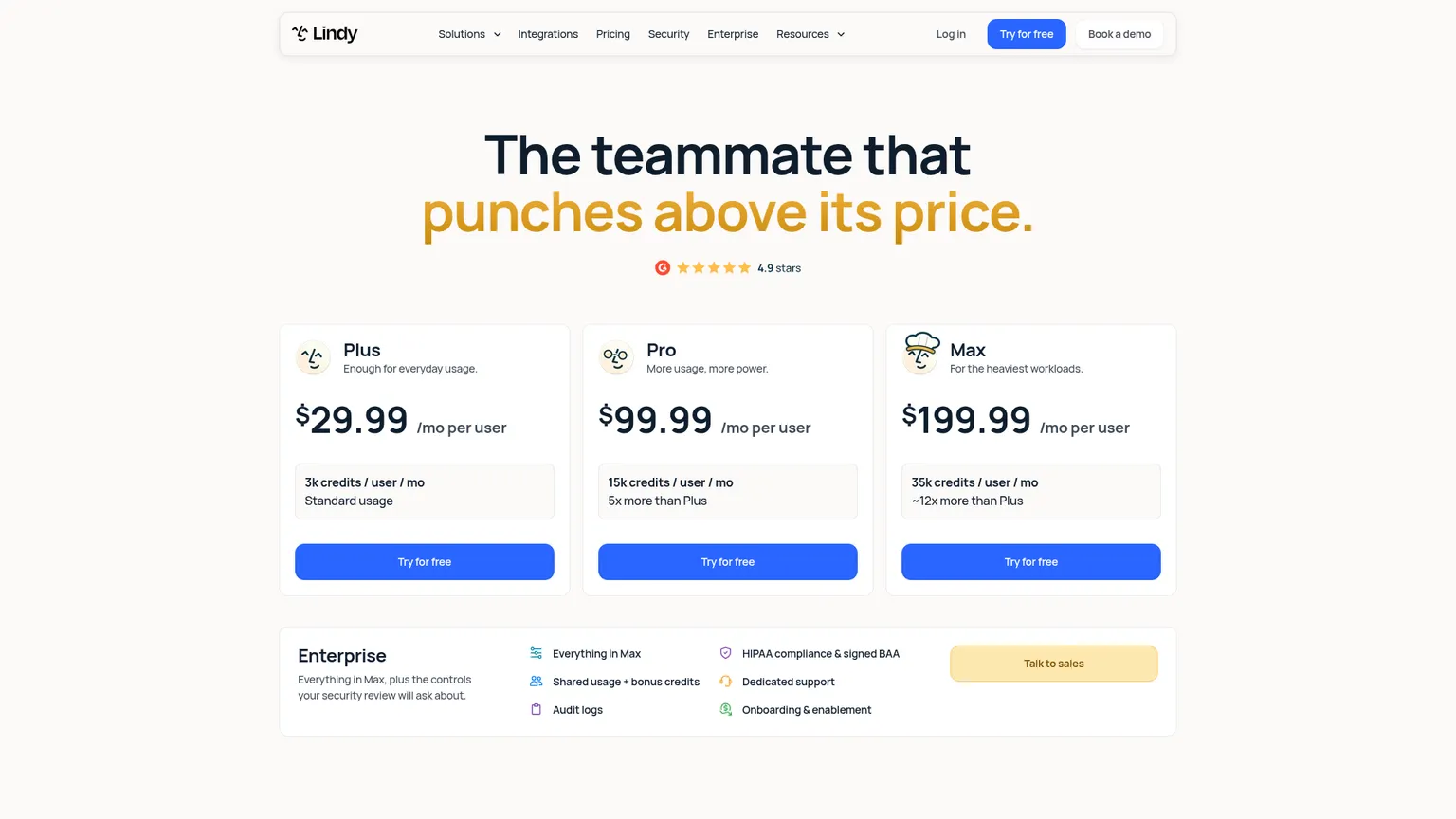 Lindy's Plus, Pro, Max and Enterprise seat and credit pricing