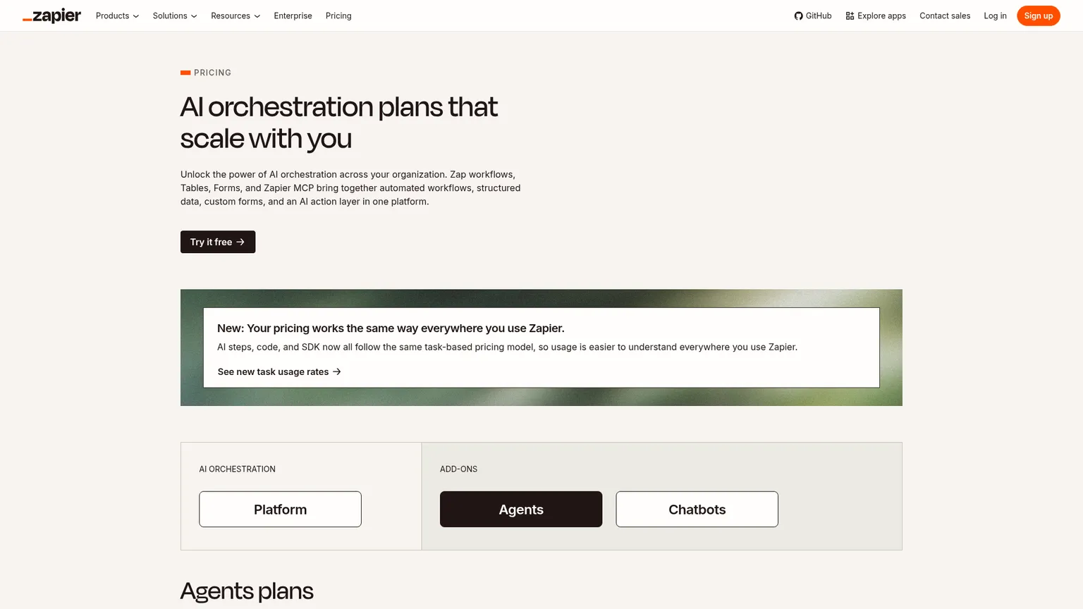 Zapier pricing with its Agents activity plans and platform subscription options