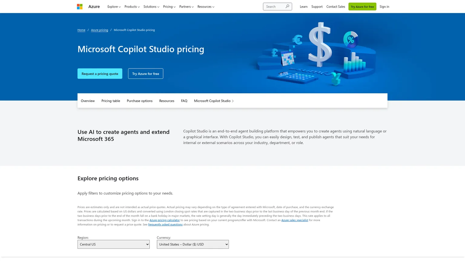Microsoft Azure's Copilot Studio pricing showing the pay-as-you-go credit rate
