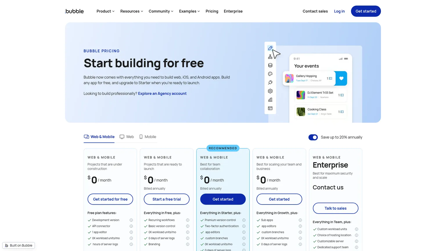 Page tarifaire de Bubble présentant les forfaits Web and Mobile
