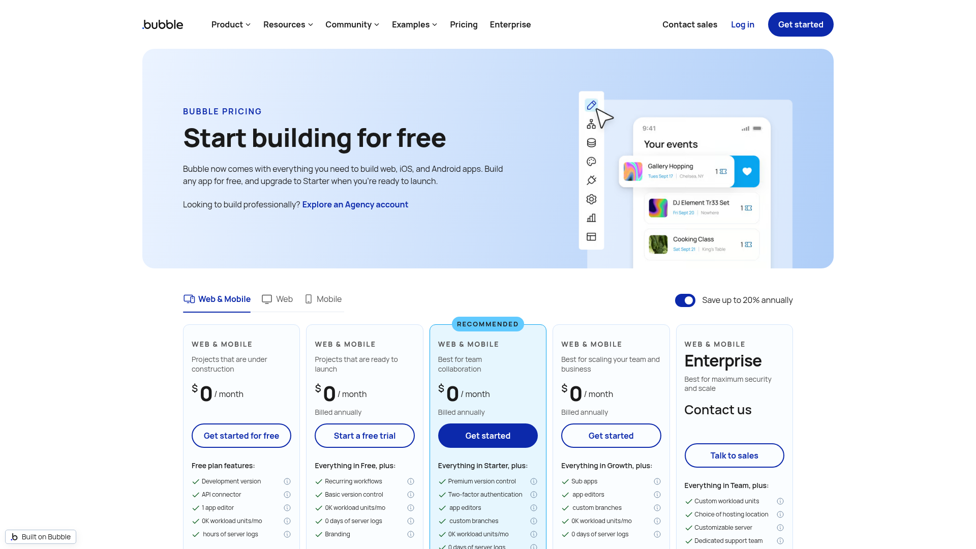 Bubble pricing page showing Web and Mobile plans