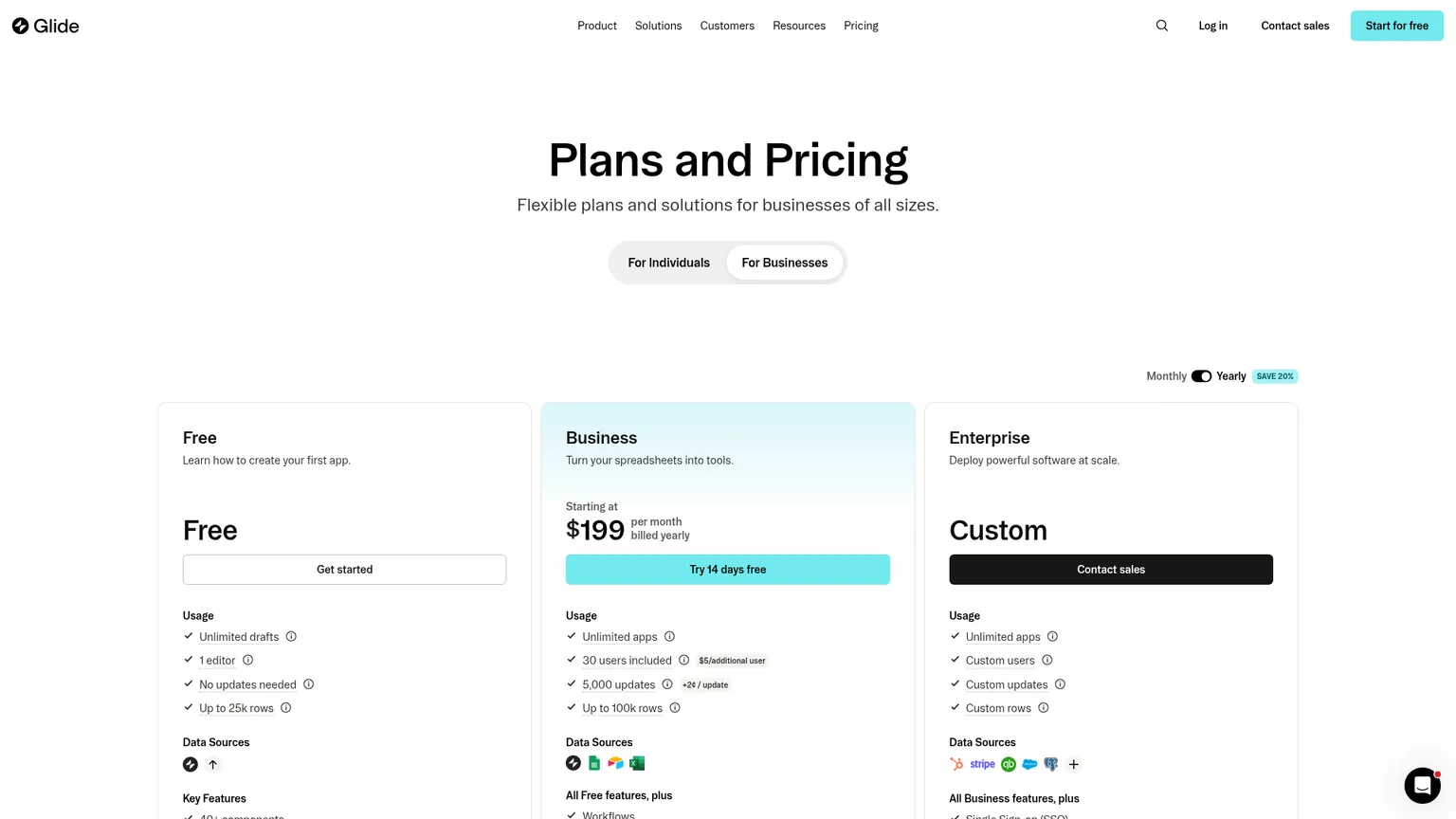 Page tarifaire de Glide présentant ses forfaits pour les applications adossées à un tableur