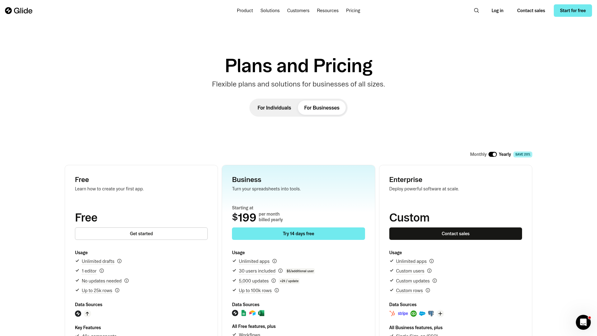 Glide pricing page showing plans for spreadsheet-backed apps