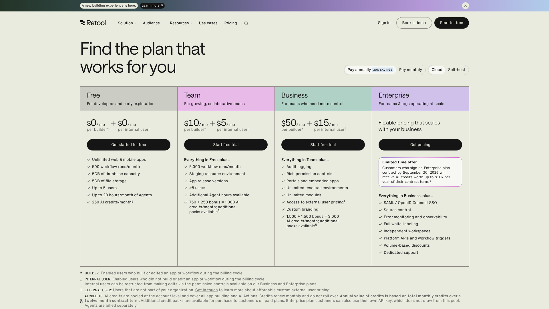 Retool pricing page showing builder, internal-user, and external-user pricing