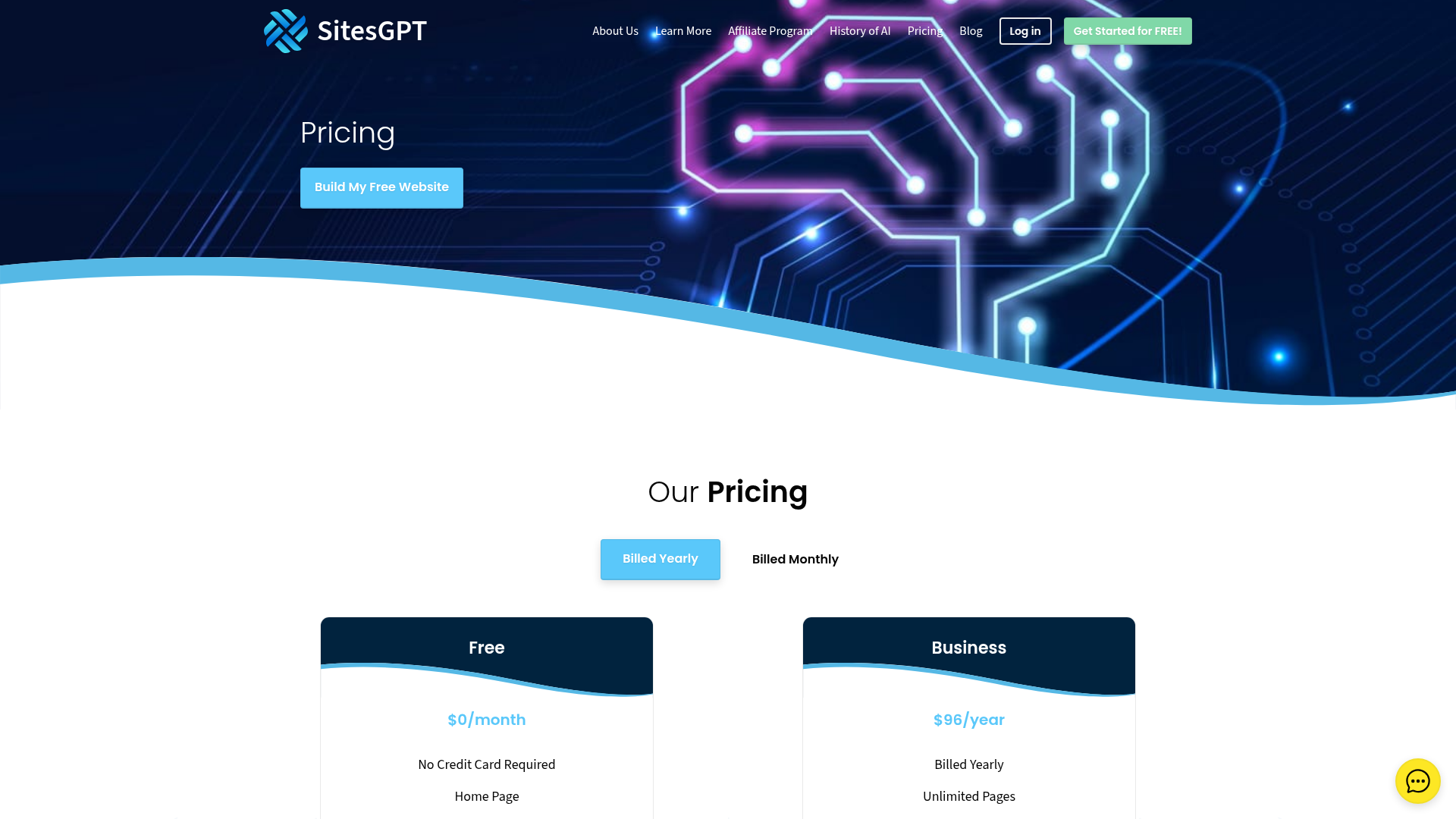 SitesGPT pricing page showing Free and Business website plans