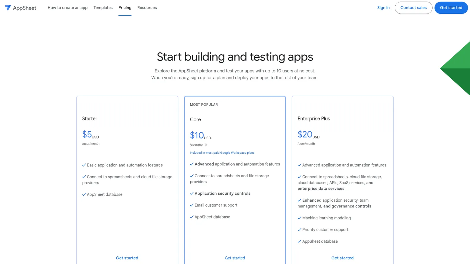 Page tarifaire de Google AppSheet pour les applications métier no code