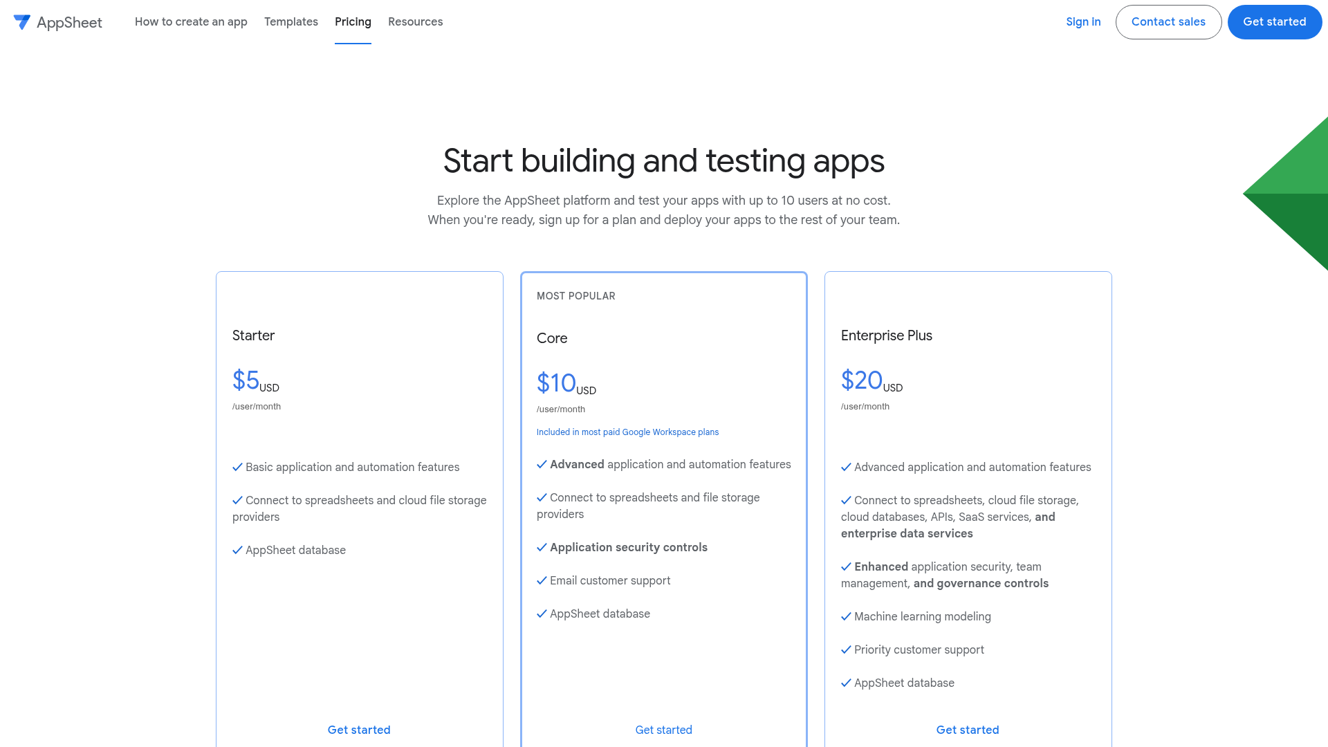 Google AppSheet pricing page for no-code business applications