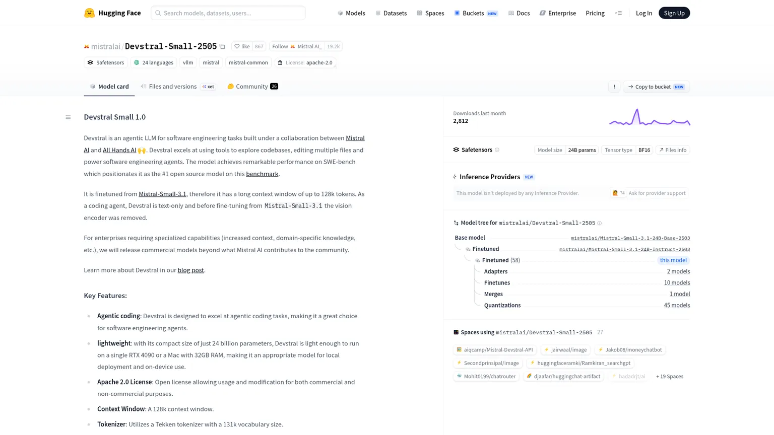 Fiche officielle du modèle Devstral Small 1.0
