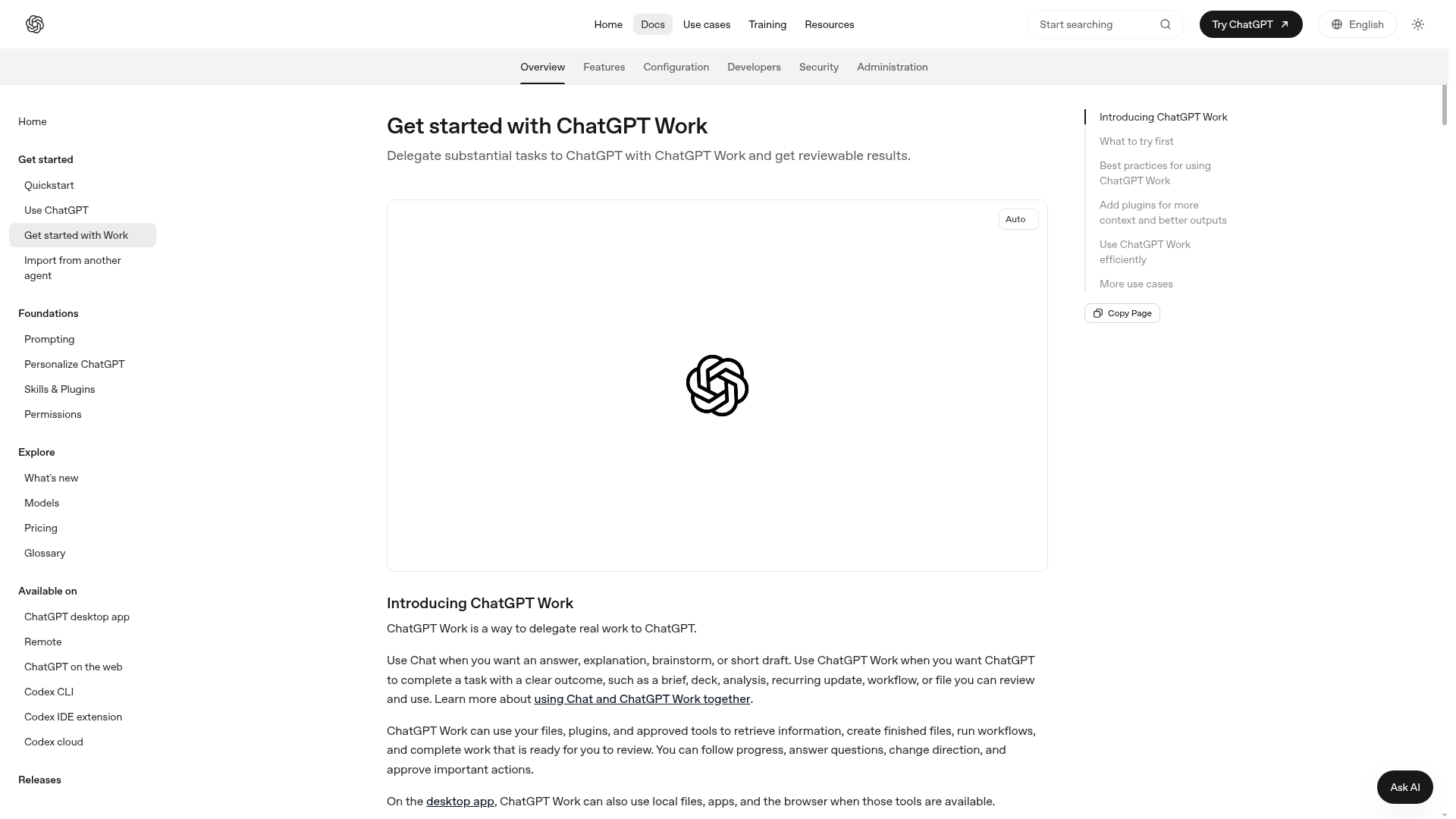 ChatGPT Work documentation showing multi-step work across apps and files