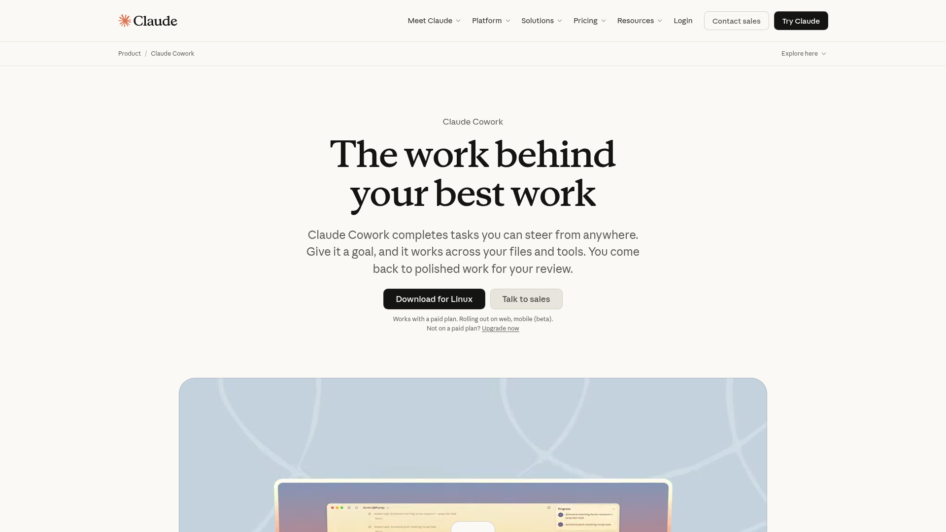 Claude Cowork product page for multi-step knowledge work