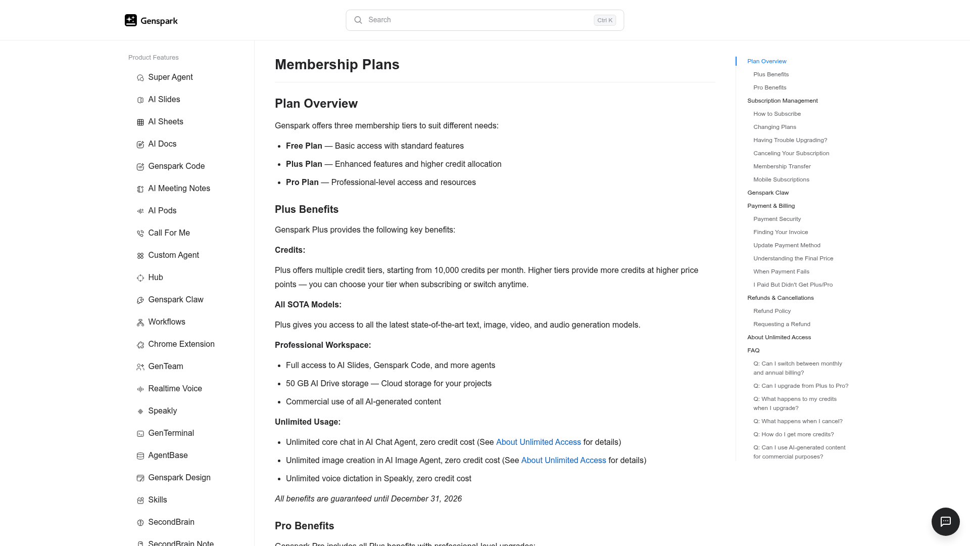 Genspark AI Workspace membership page showing workspace tools and plans