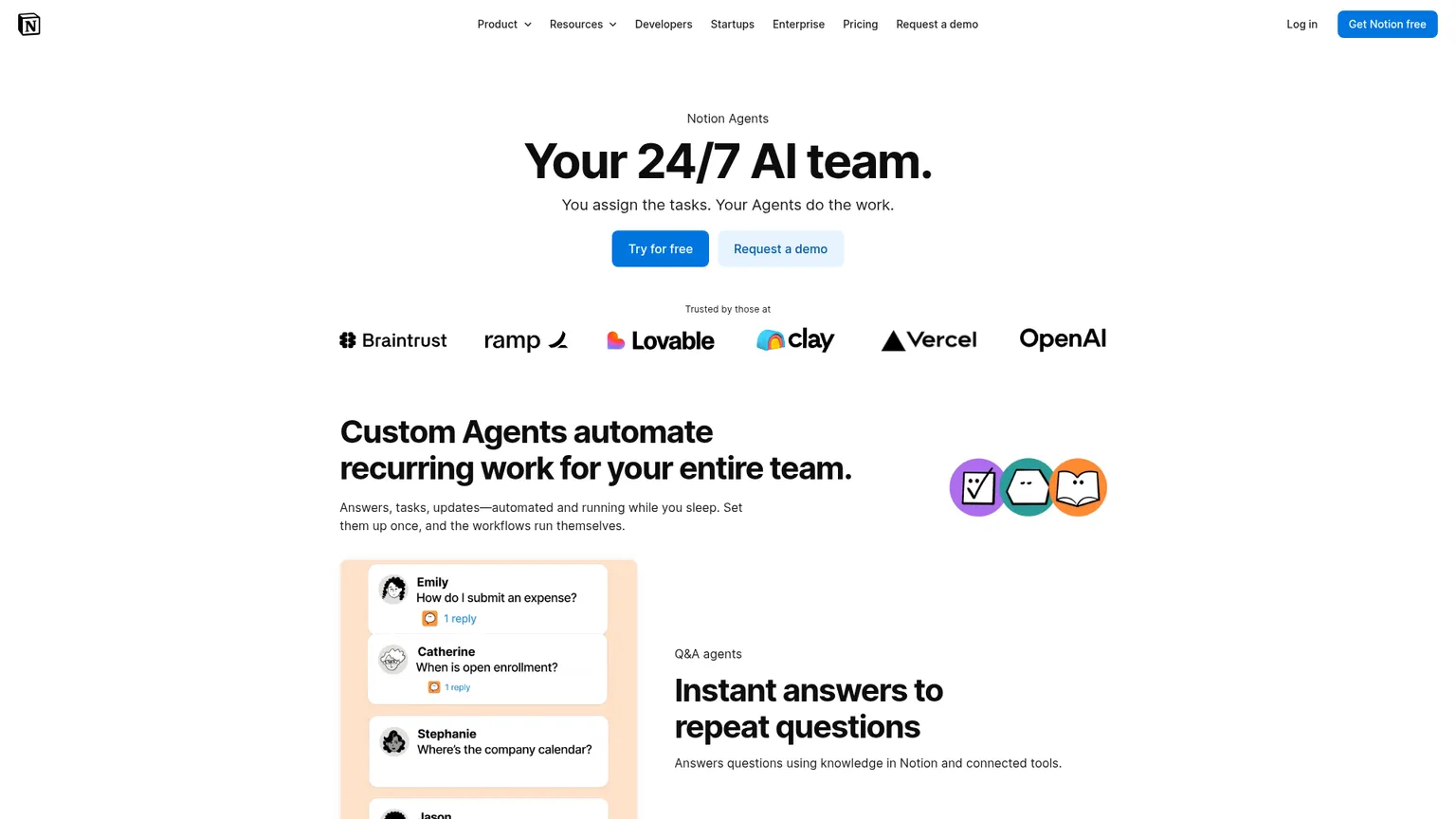 Produktseite von Notion Agents mit Agenten, die auf Daten des Arbeitsbereichs zugreifen