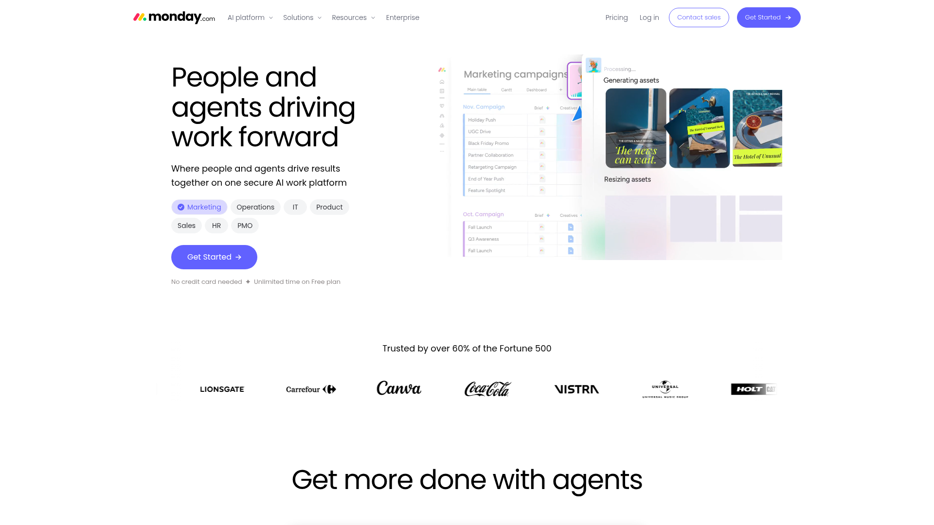 monday.com product page showing work management and AI