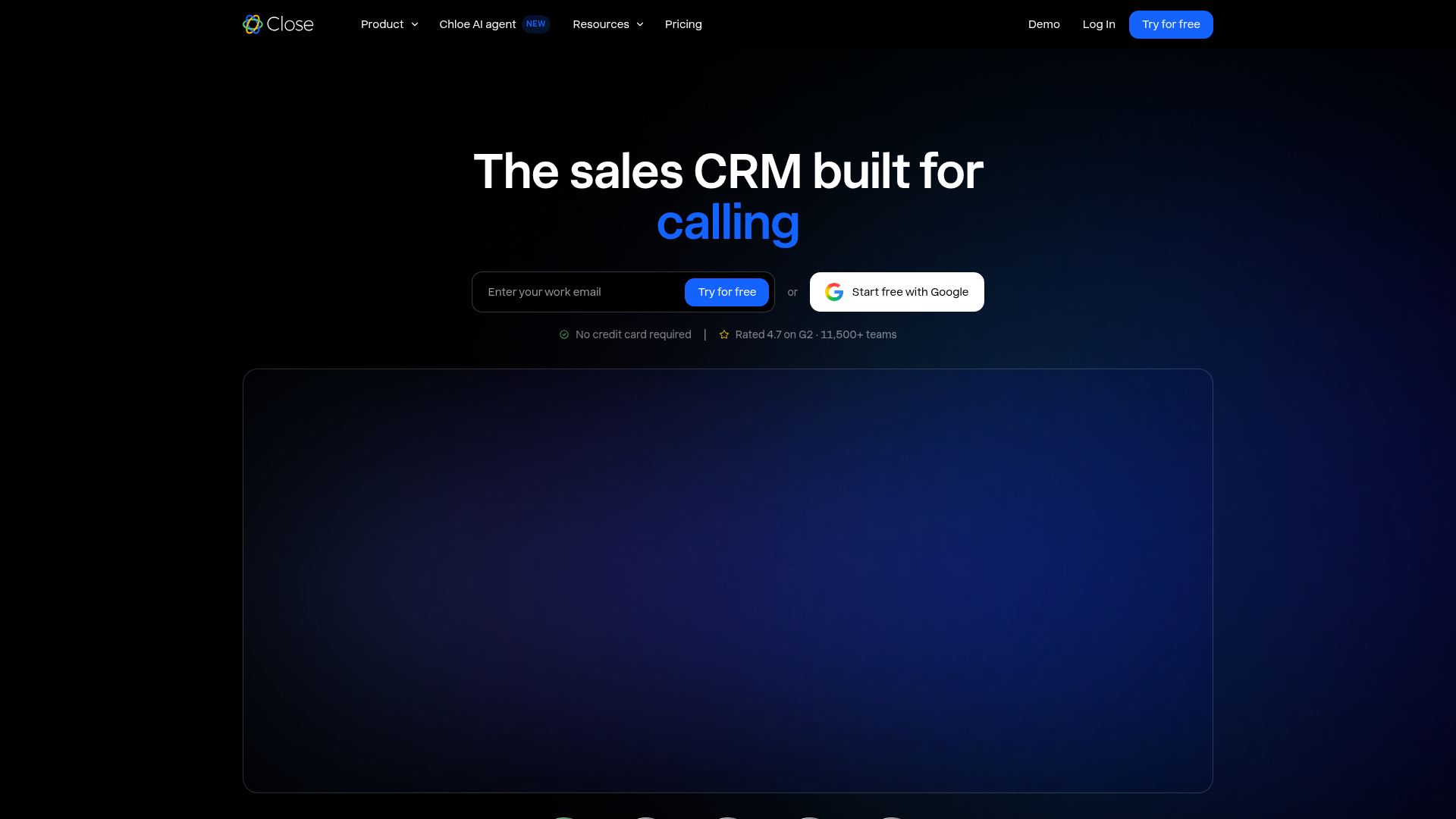 Close CRM product page showing sales communication workflows and Chloe