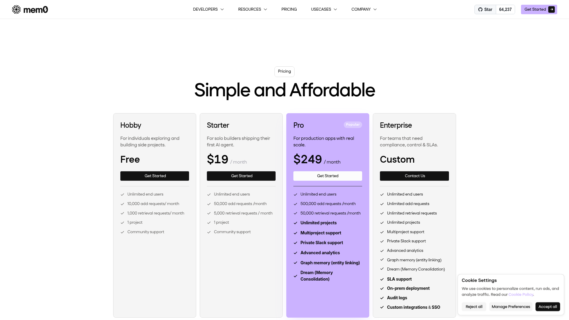 Mem0 pricing page showing Hobby, Starter, Pro, and Enterprise plans