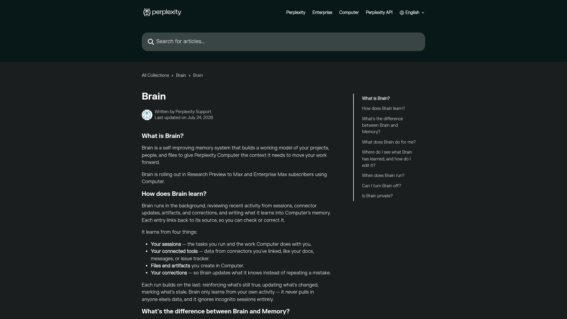 Perplexity Brain help page showing its connected work memory model