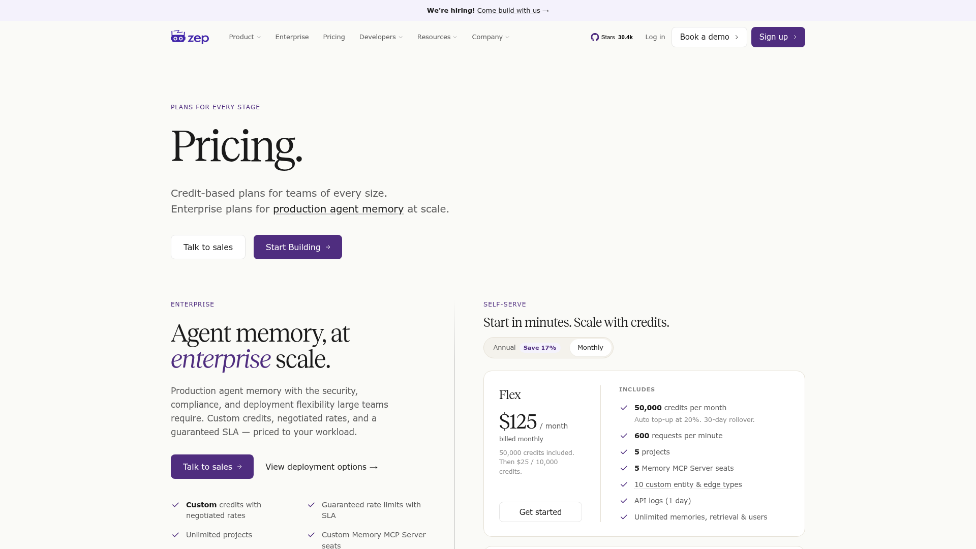 Zep pricing page showing Free, Flex, Flex Plus, and Enterprise plans