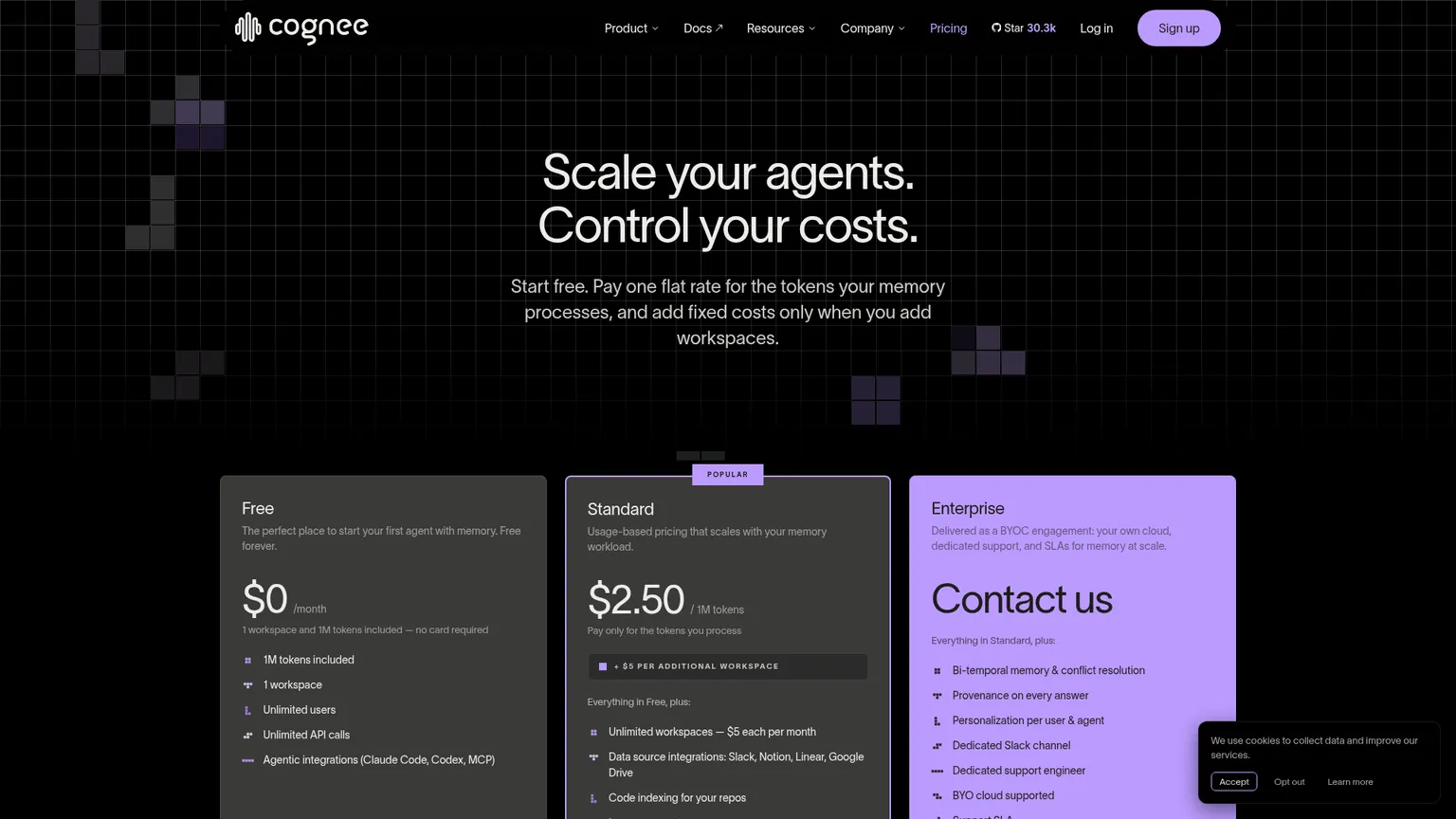Free, Standard, Enterprise BYOC 플랜을 보여주는 Cognee 가격 책정 페이지