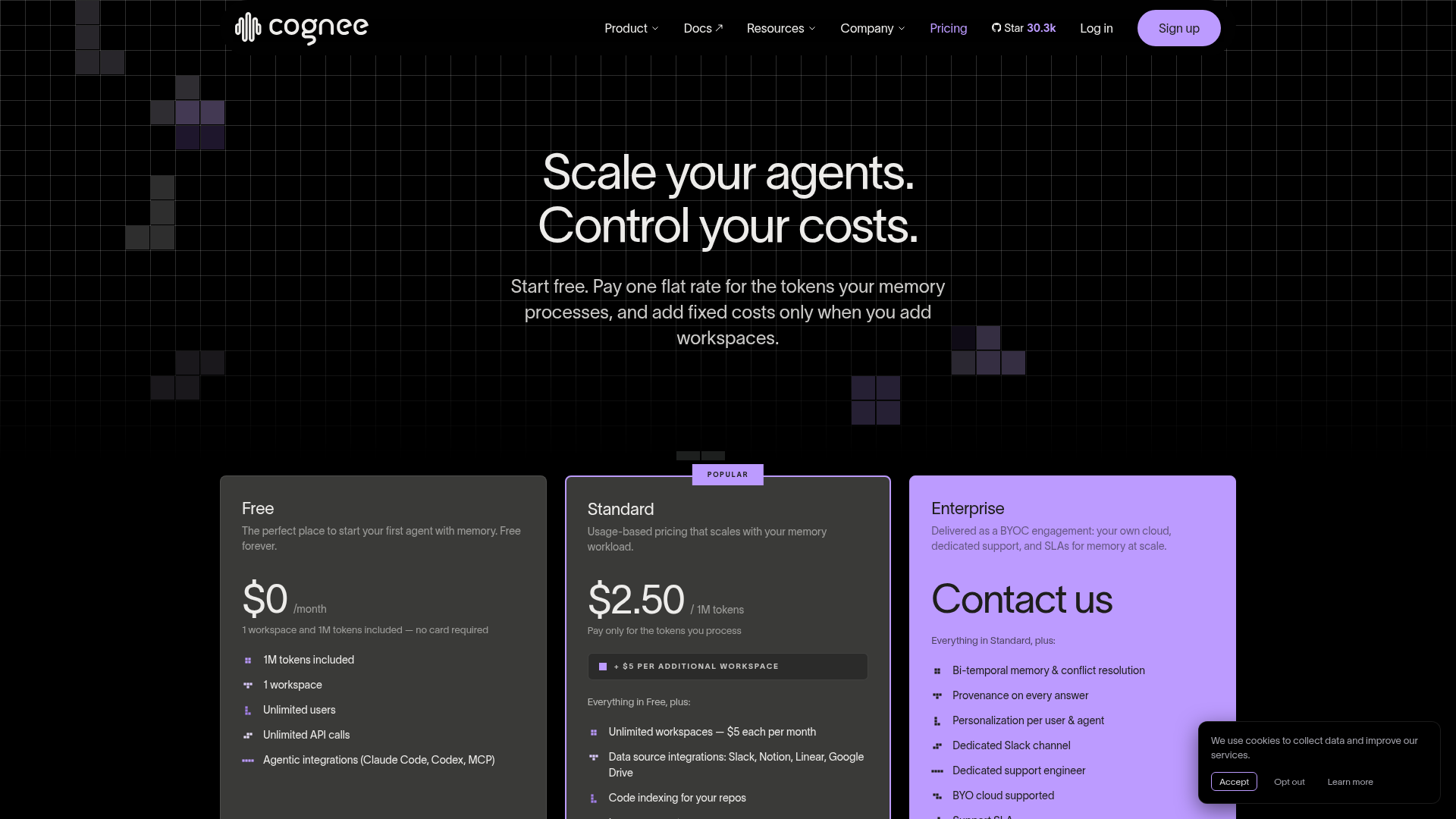 Cognee pricing page showing Free, Standard, and Enterprise BYOC plans