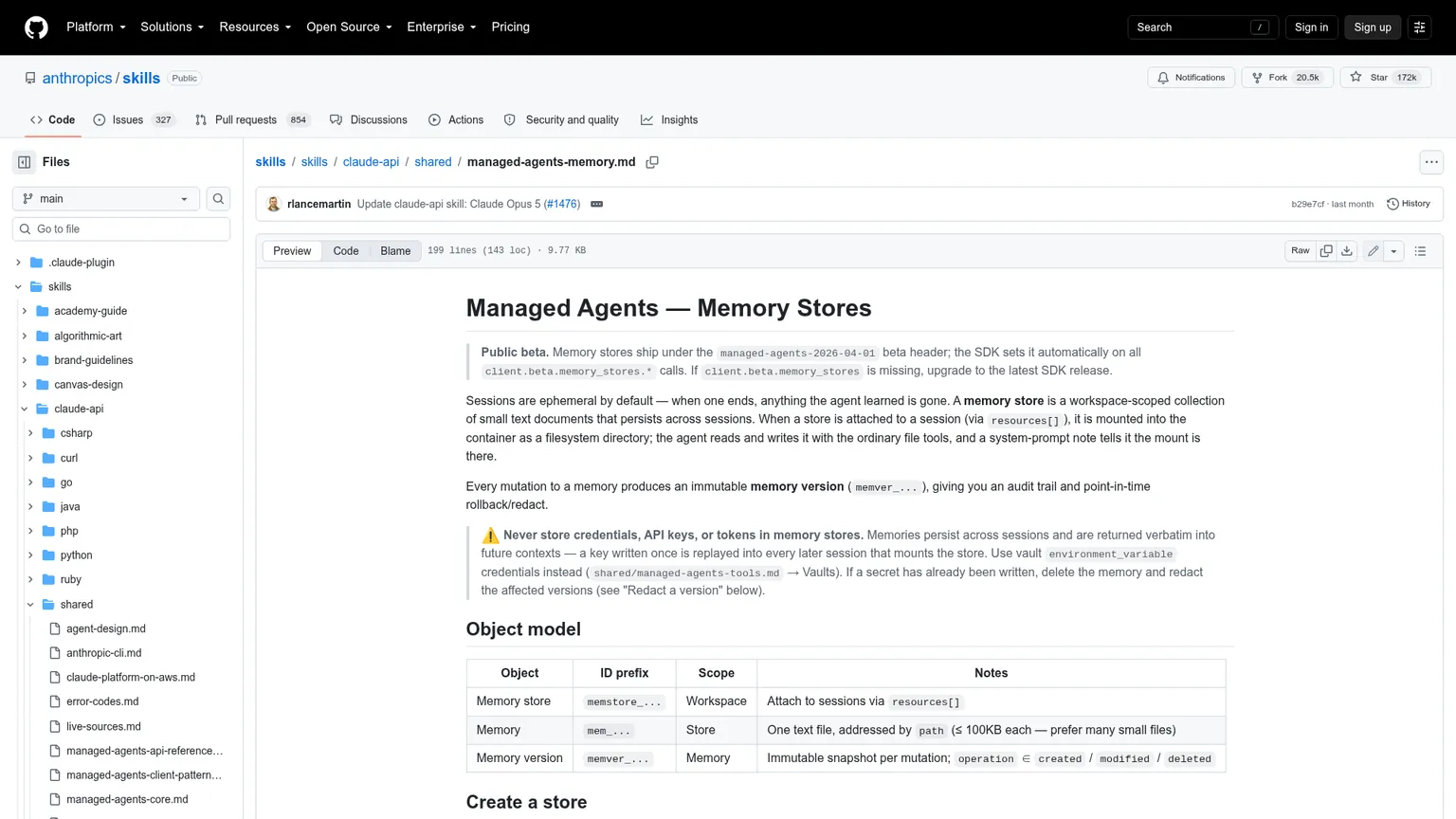 지속성 파일 시스템 메모리를 보여주는 Anthropic Managed Agents memory store 기술 문서