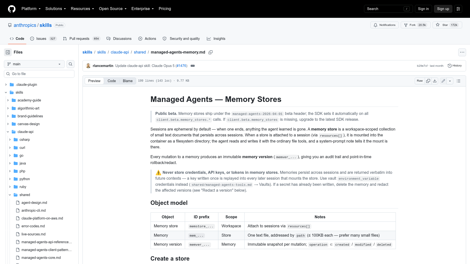 Anthropic Managed Agents memory store documentation showing persistent filesystem memory