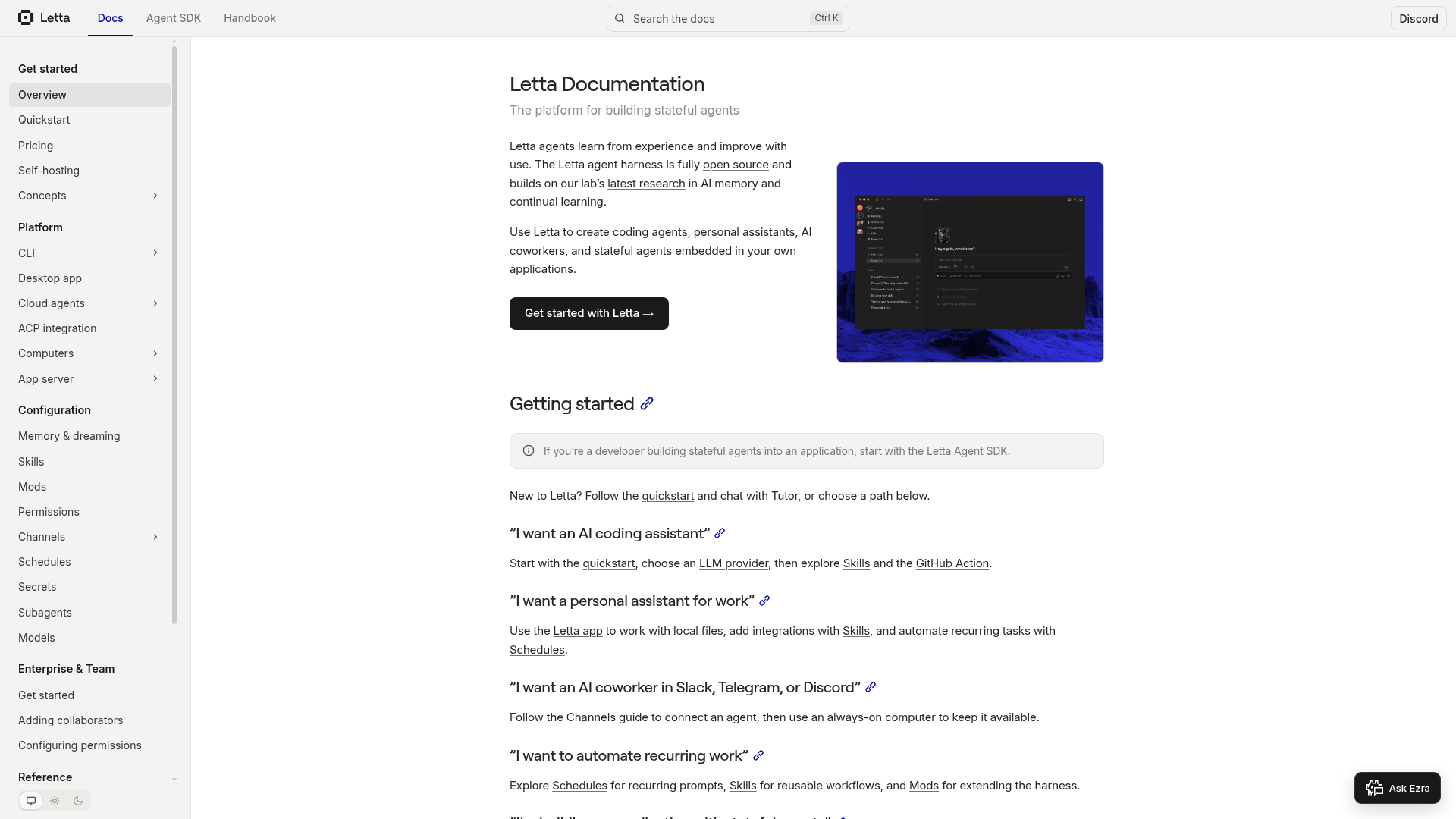 Letta documentation homepage for stateful agents and the Letta runtime