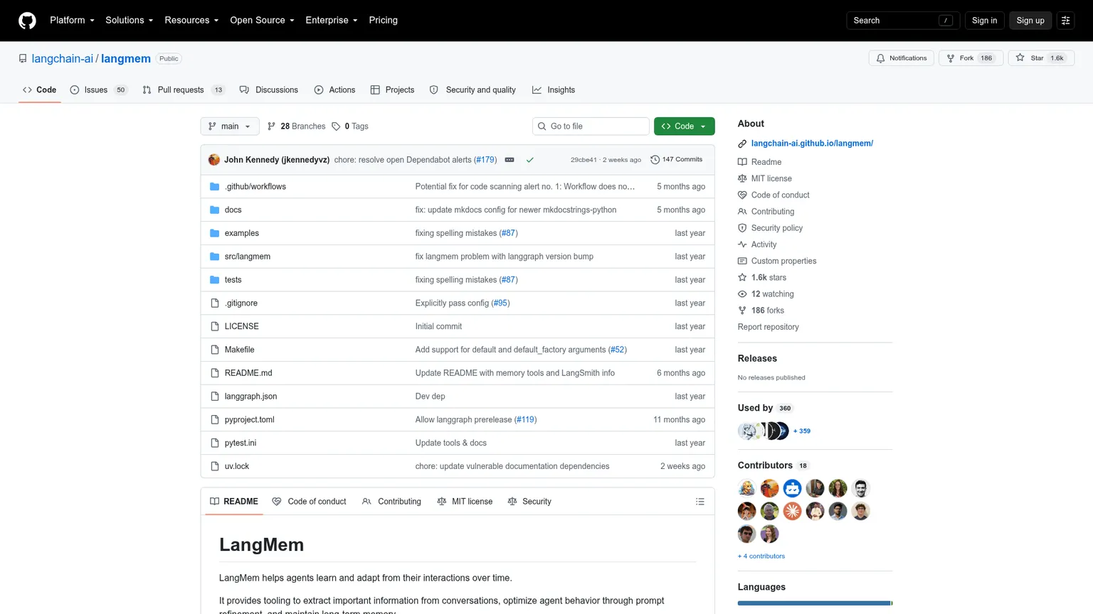 핫패스 도구와 백그라운드 메모리 관리를 보여주는 LangMem GitHub 리포지토리