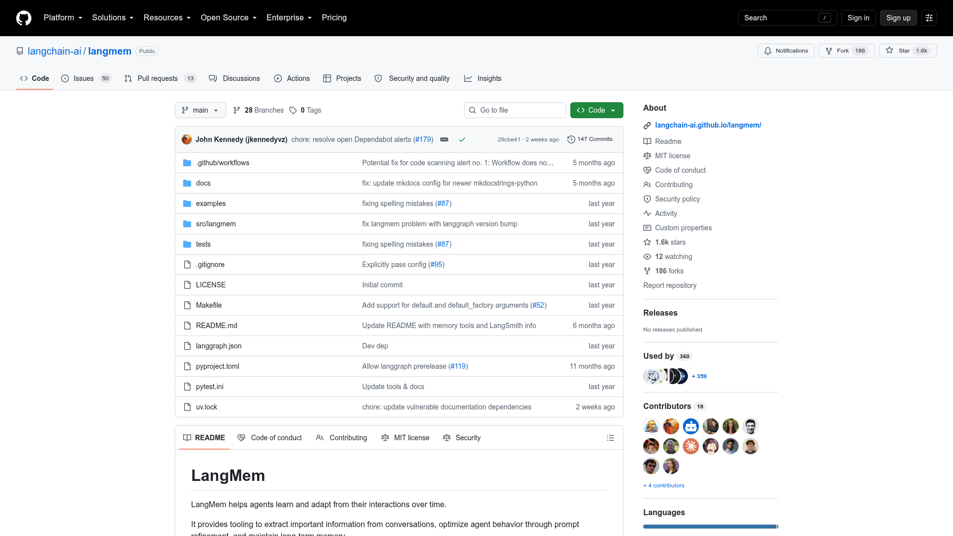 LangMem GitHub repository showing hot-path tools and background memory management