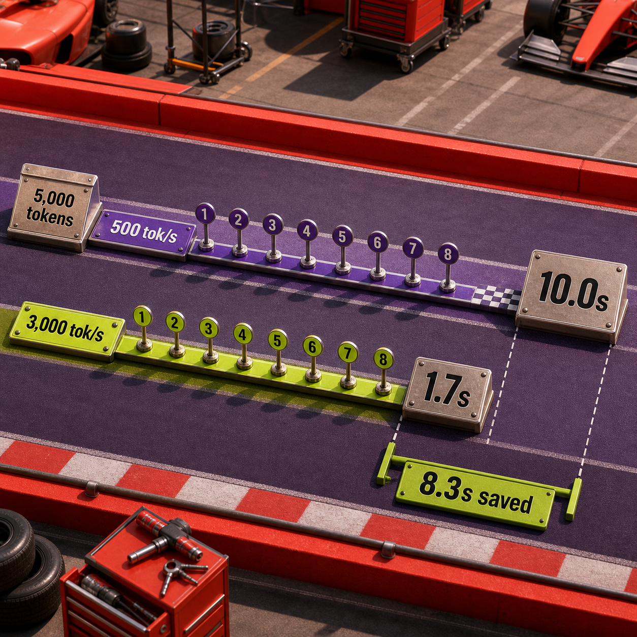 Timeline comparing five thousand output tokens at five hundred and three thousand tokens per second
