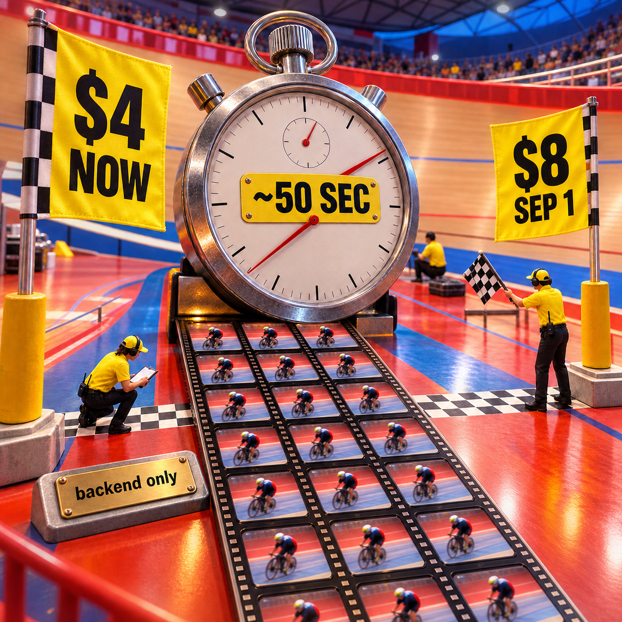 Twenty five-second clips crossing a stopwatch with current and September pricing
