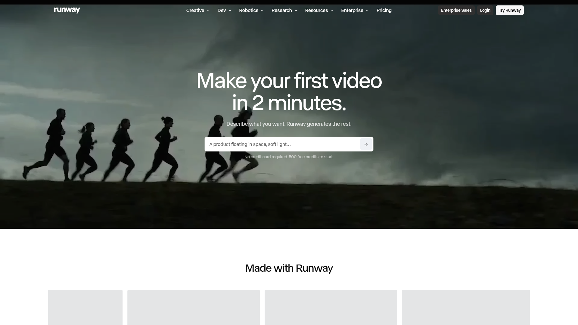 Runway homepage featuring GWM-1 Avatars and real-time video agents