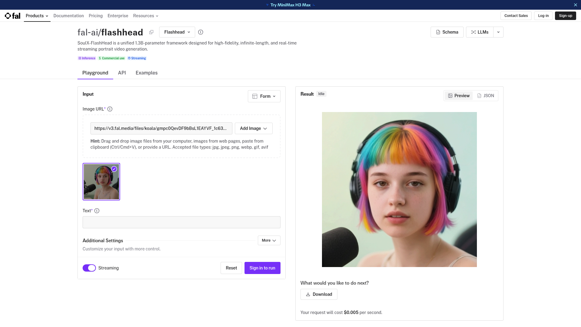 fal FlashHead real-time portrait video model page
