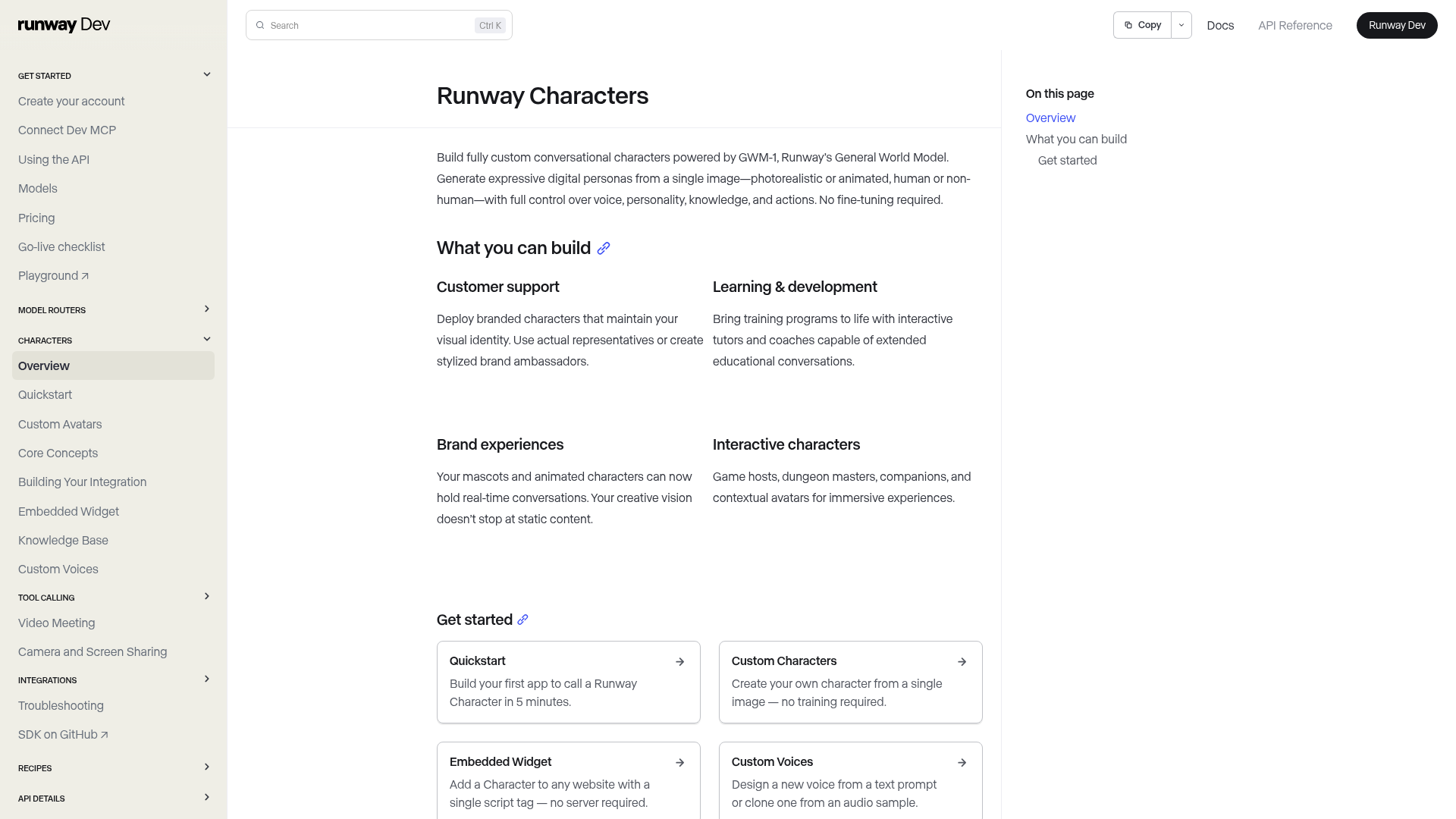 Runway Characters developer page for GWM-1 Avatars